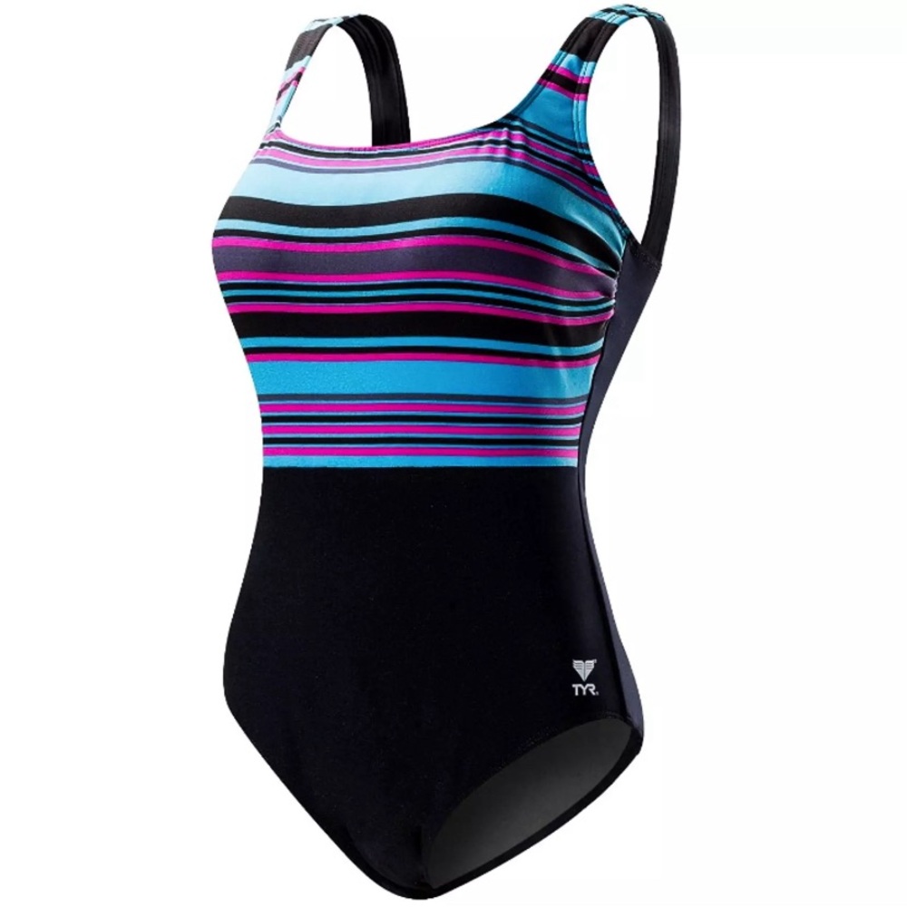 TYR Women DELRAY Aqua ControlFit 1pc SwimSuit -Black Multi Stripe - Size 14